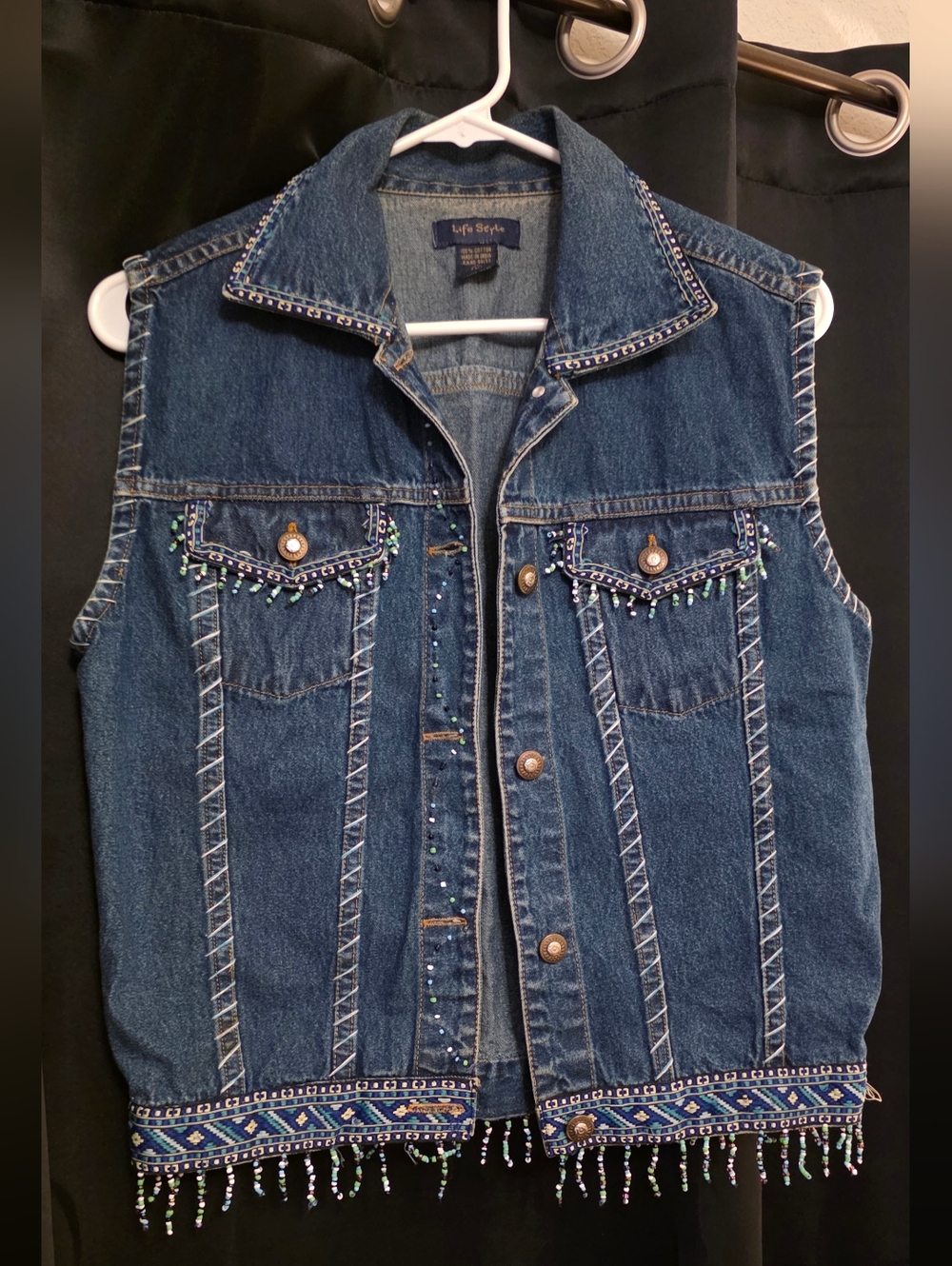 Beaded Dark Blue Denim Vest with Fringe Trim